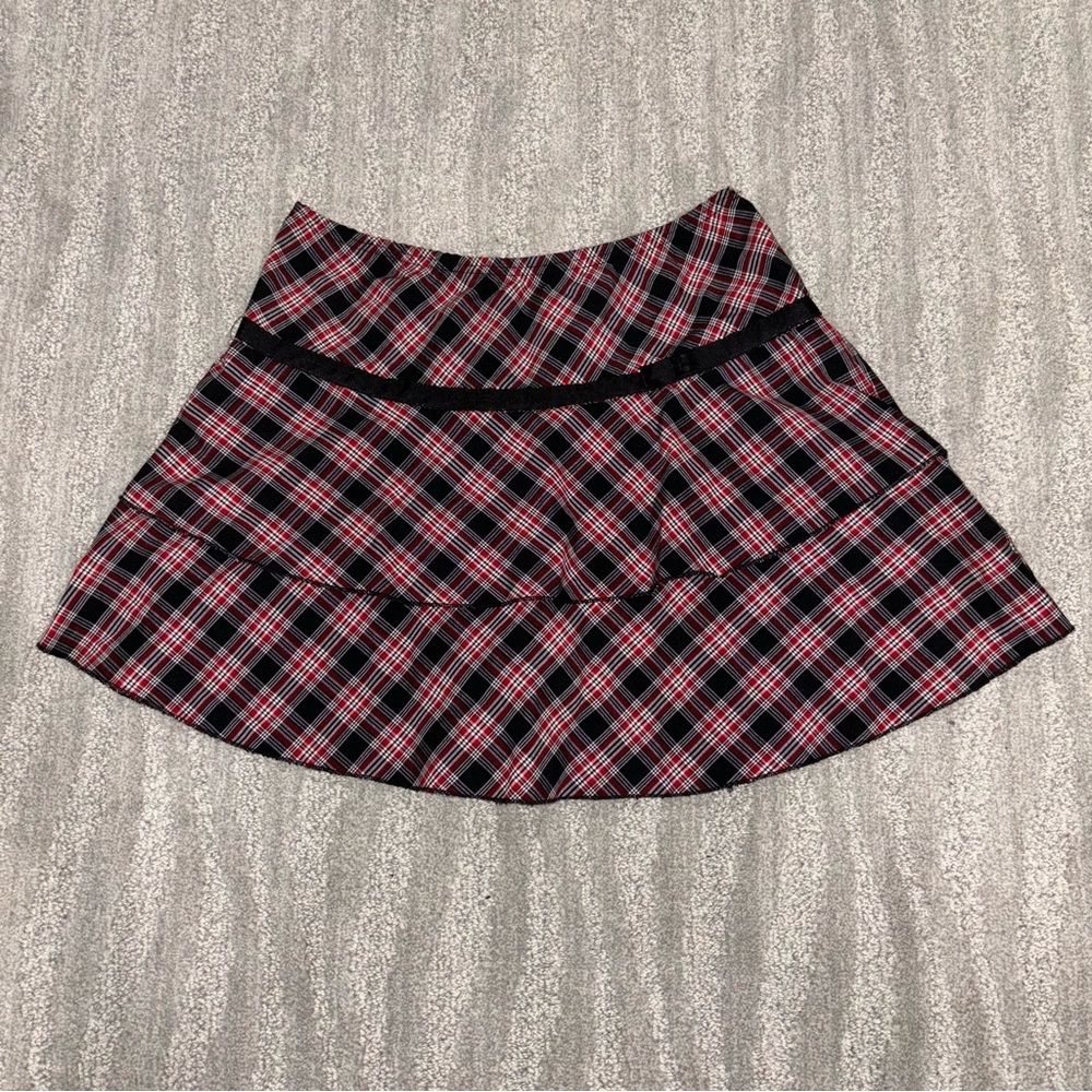 Joey B Y2K Plaid School Girl Mini Skirt Ruffle Bow Black & Red Women’s Sz L